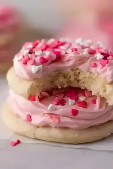 Close-up of Valentine's Day frosted sugar cookies stacked on parchment paper, top cookie with bite revealing soft, tender crumb texture and pink frosting with heart sprinkles