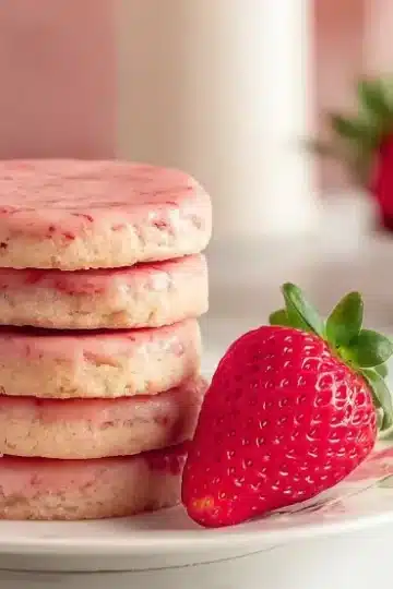 A stack of strawberry shortbread cookies with a pink glaze, placed on a floral plate, and complemented with fresh strawberries.