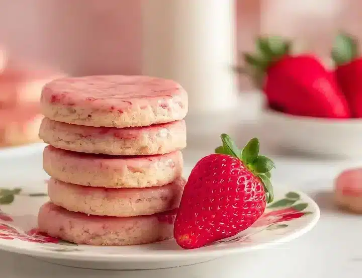 A stack of strawberry shortbread cookies with a pink glaze, placed on a floral plate, and complemented with fresh strawberries.