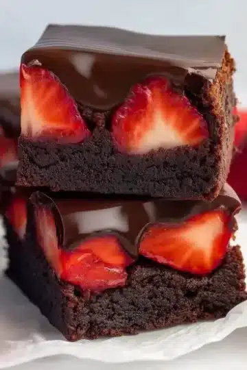 Two stacked chocolate brownies with fresh strawberry pieces embedded inside and glossy chocolate coating on top, surrounded by fresh strawberries