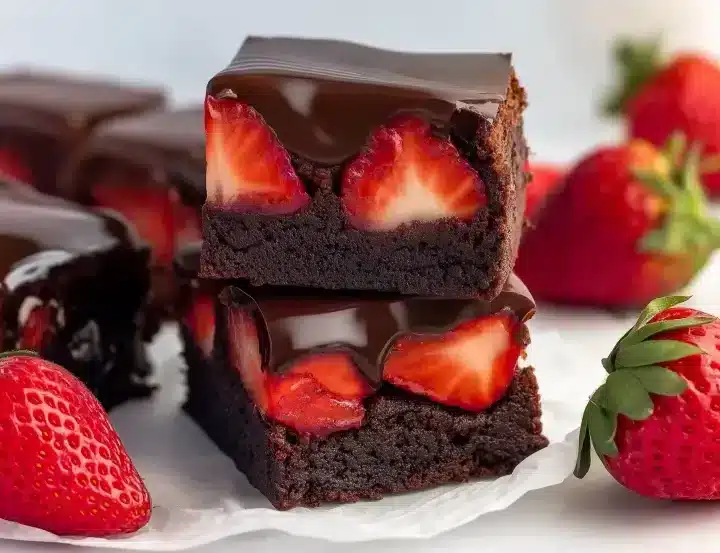 Two stacked chocolate brownies with fresh strawberry pieces embedded inside and glossy chocolate coating on top, surrounded by fresh strawberries