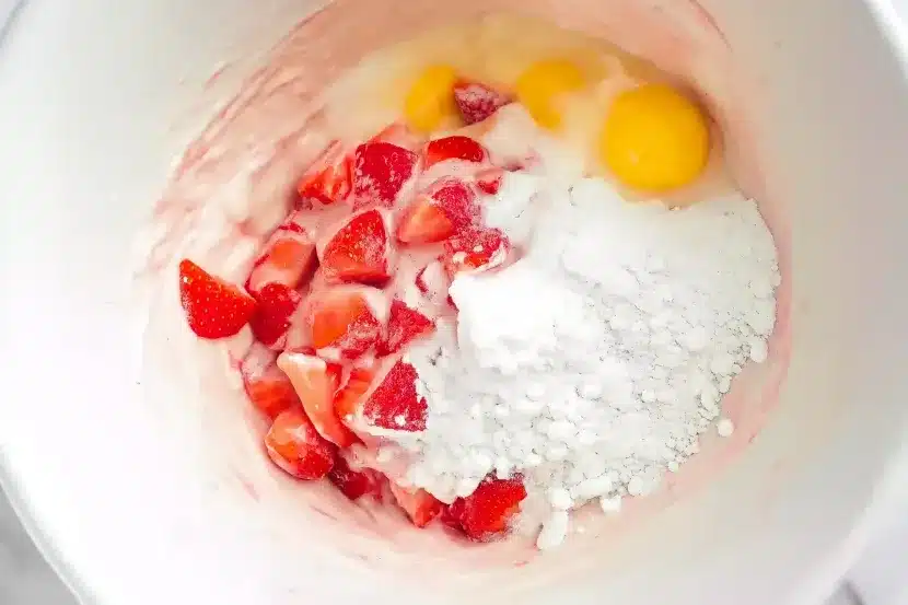 White mixing bowl filled with pink strawberry brownie batter, diced strawberries, egg yolks, and white cake mix powder before mixing