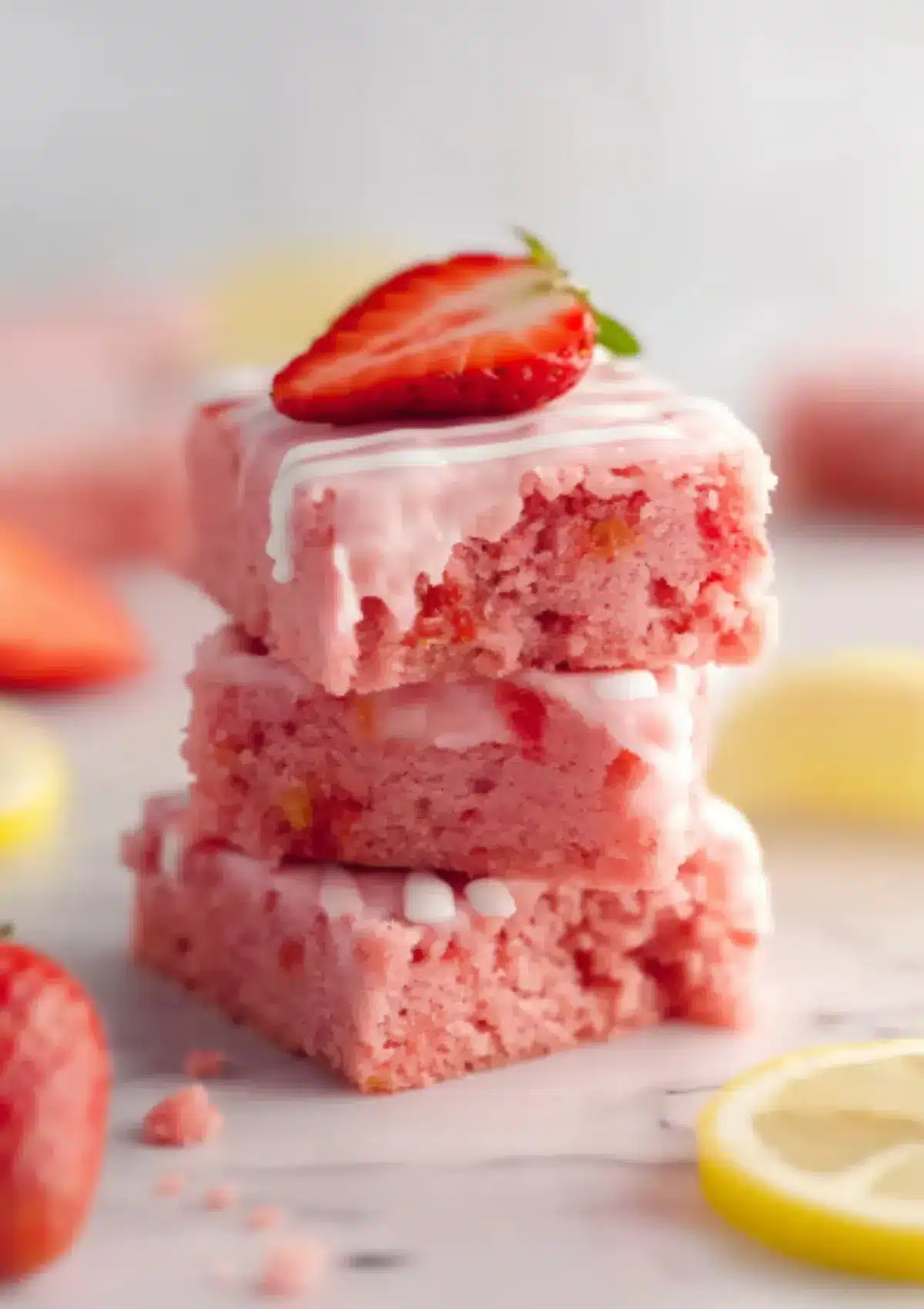 Close-up of three stacked pink strawberry brownies showing moist cake texture with white lemon glaze drizzle and half strawberry on top