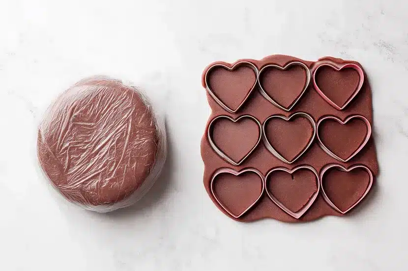 Pink chocolate cookie dough wrapped in plastic alongside rolled dough with heart-shaped cookie cutters pressed in, ready for Valentine's Day baking on white marble surface