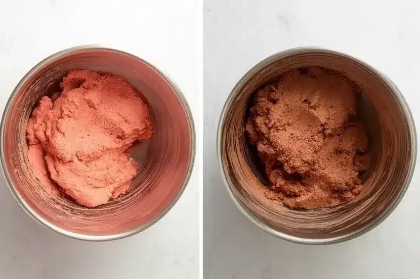 Overhead view of two mixing bowls showing Valentine cookie dough stages - pink tinted dough in left bowl and chocolate cocoa dough in right bowl on white marble background