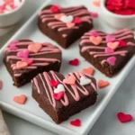 Close-up view of heart-shaped fudgy brownies with diagonal pink frosting lines and red, pink, and white heart decorations on white serving platter