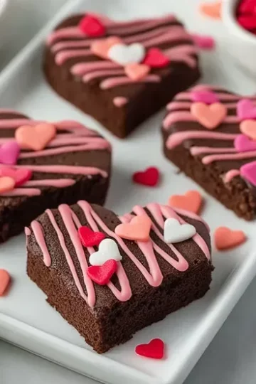 Close-up view of heart-shaped fudgy brownies with diagonal pink frosting lines and red, pink, and white heart decorations on white serving platter