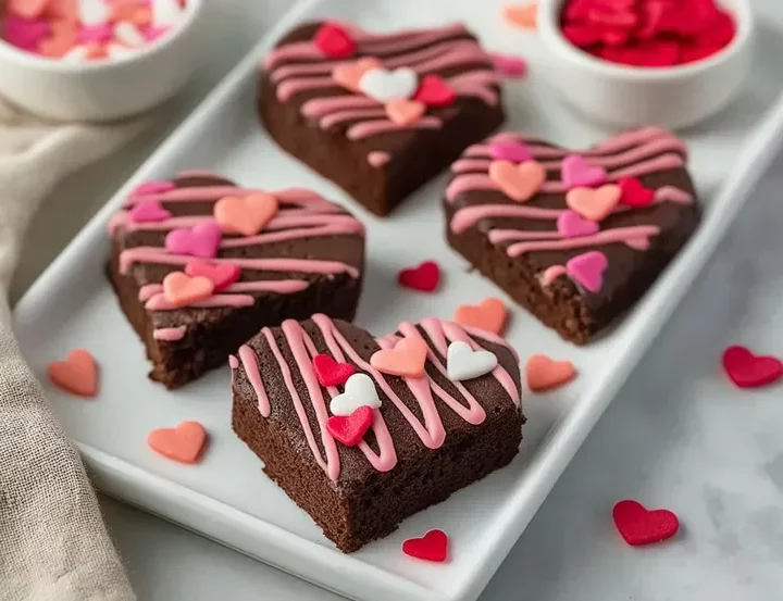 Close-up view of heart-shaped fudgy brownies with diagonal pink frosting lines and red, pink, and white heart decorations on white serving platter