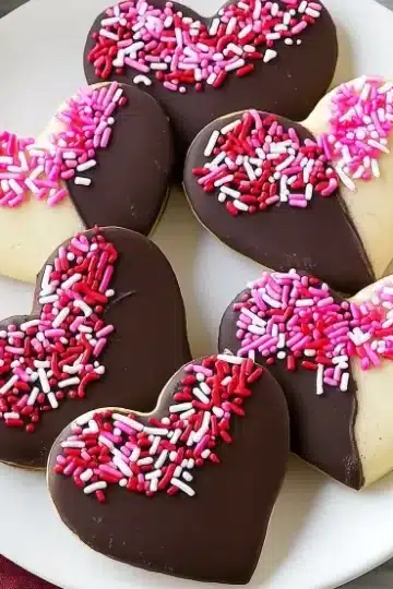 Heart-shaped sugar cookies half-dipped in dark chocolate and decorated with pink, red, and white Valentine's Day sprinkles on white plate