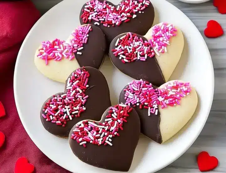 Heart-shaped sugar cookies half-dipped in dark chocolate and decorated with pink, red, and white Valentine's Day sprinkles on white plate