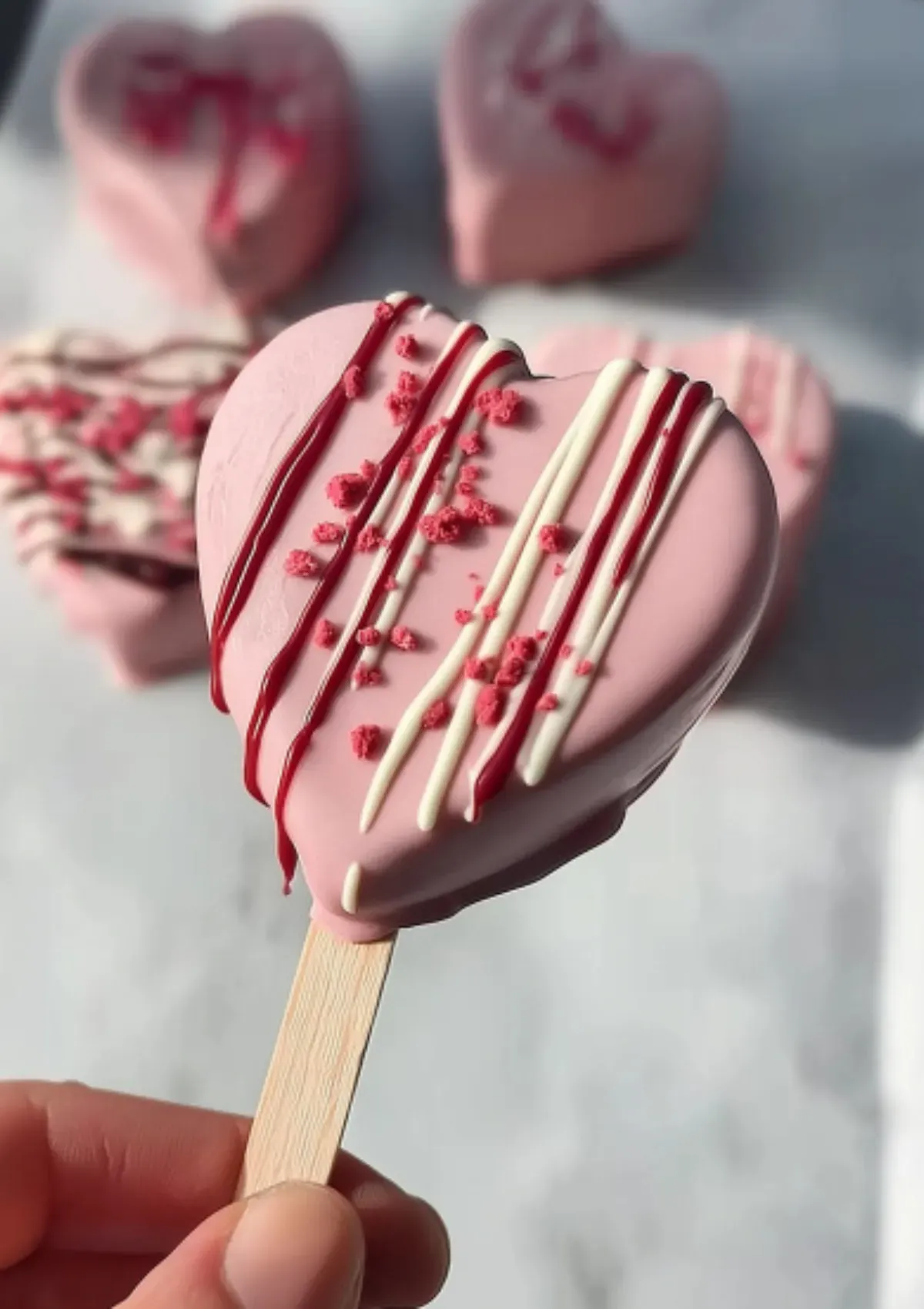Heart-shaped red velvet cake pop with pink coating, decorated with alternating white and red chocolate drizzle lines and sprinkles on wooden stick