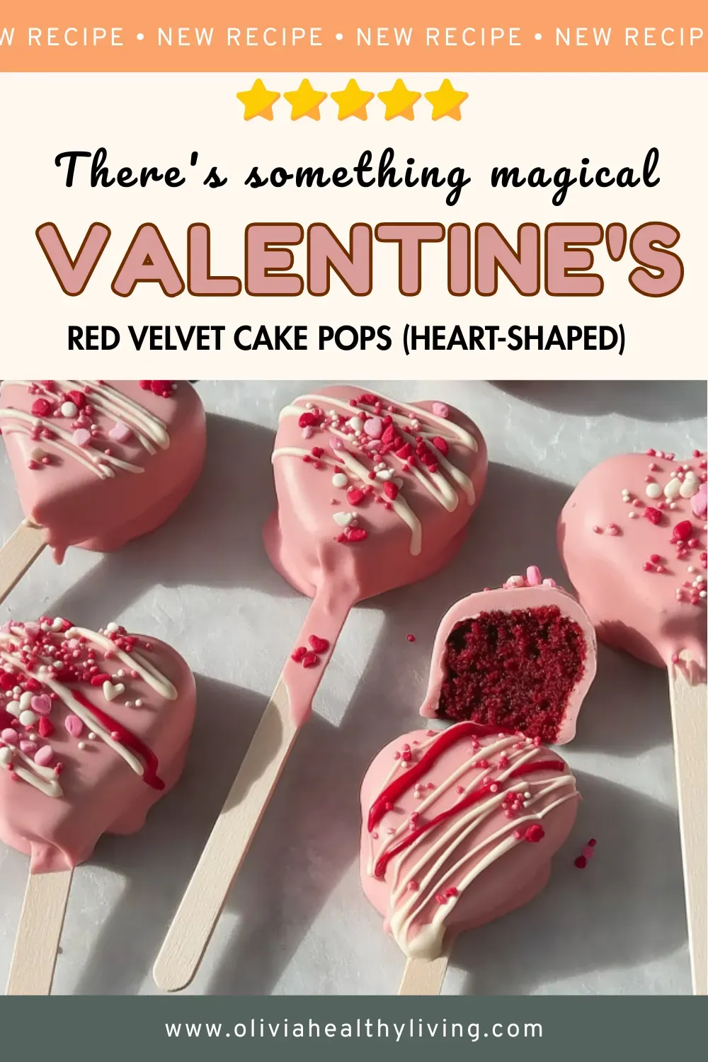 Recipe blog header image featuring heart-shaped red velvet cake pops with pink coating and decorative drizzle, including text overlay for Valentine's recipe post