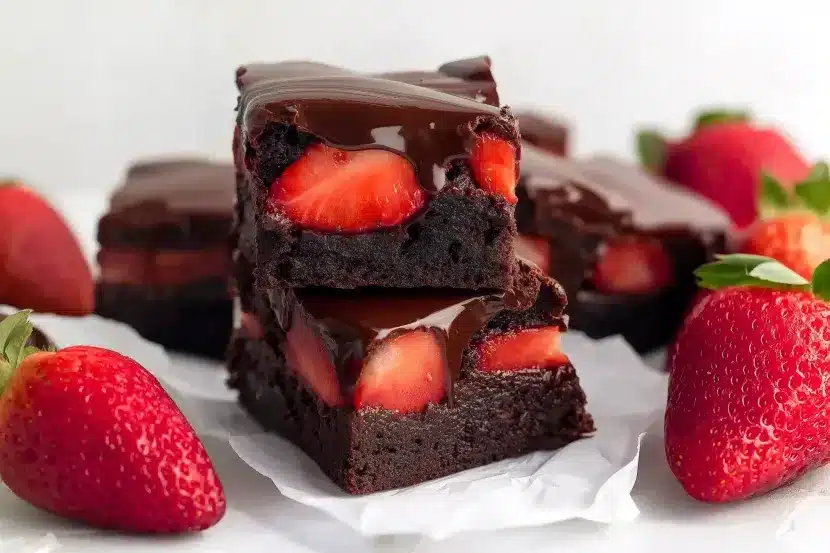 Close-up of two chocolate-covered strawberry brownies stacked on parchment paper, showing bright red strawberry slices inside dense chocolate brownie with shiny chocolate topping
