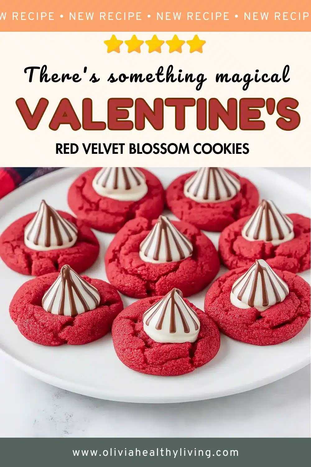 Red velvet blossom cookies with striped Hershey's Kisses on white plate with Valentine's themed text overlay reading "There's something magical Valentine's Red Velvet Blossom Cookies"