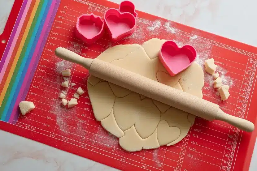 Overhead view of vanilla sugar cookie dough rolled out on red silicone baking mat with wooden rolling pin and pink heart-shaped cookie cutters cutting out heart shapes with dough scraps scattered around