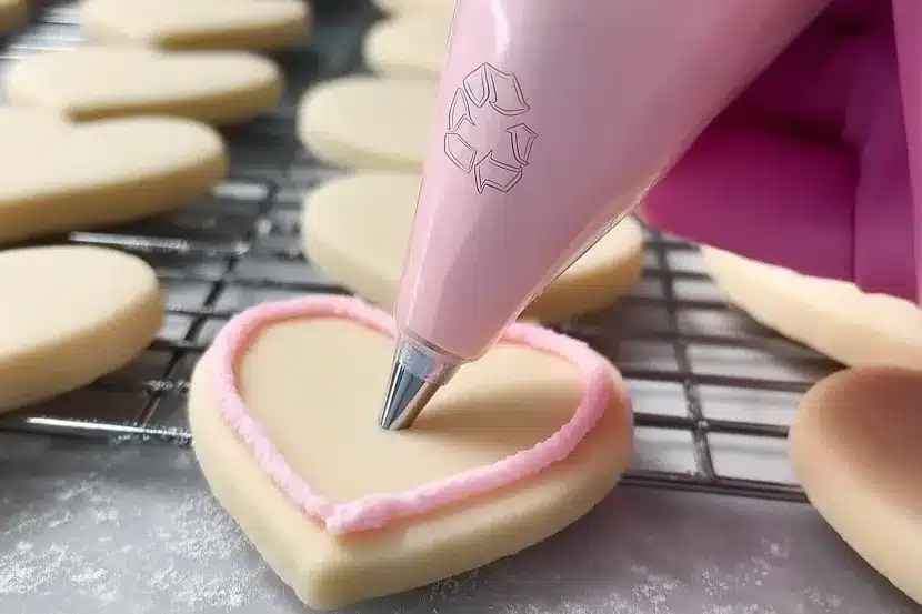 Hand piping pink royal icing border onto unbaked heart-shaped sugar cookie on black wire cooling rack with multiple cookies in background