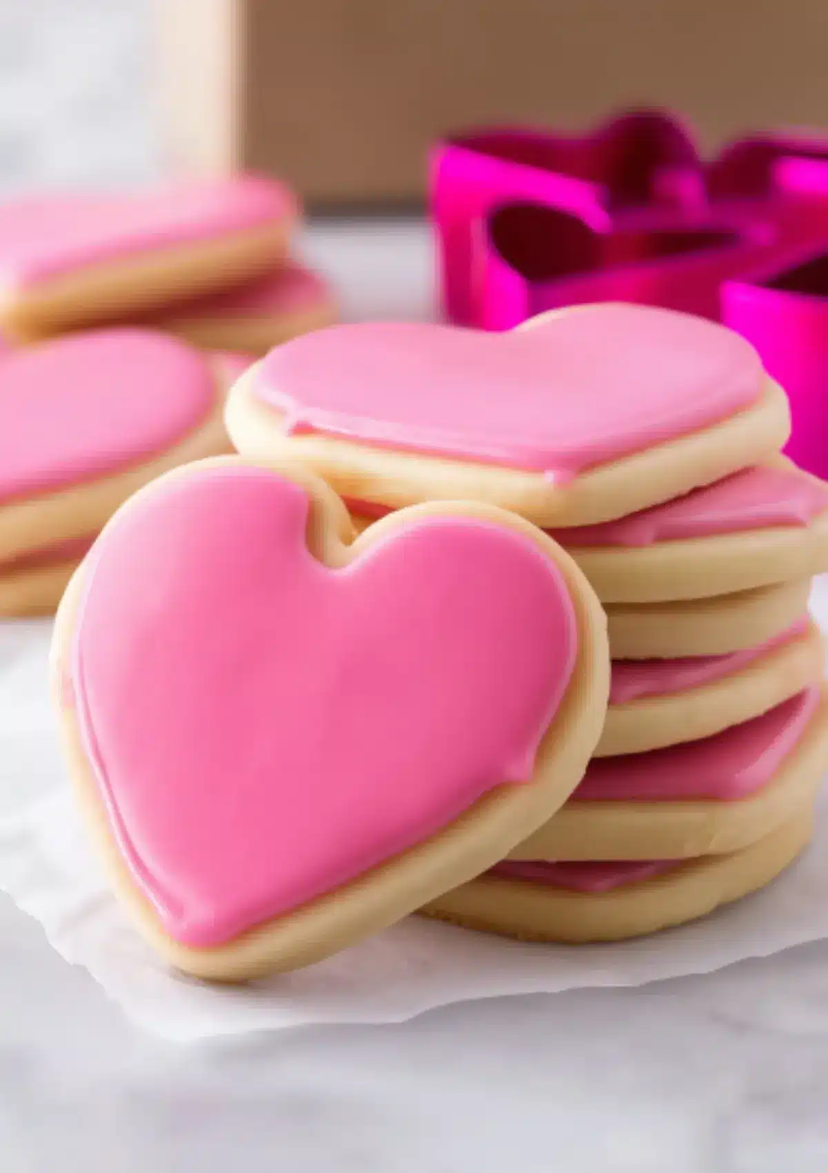 Stack of pink frosted heart-shaped sugar cookies artfully arranged on white plate with bright magenta heart cookie cutter in soft focus background