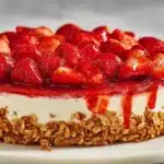 A round strawberry cheesecake with a golden oat crust, thick white cream cheese filling, and glossy strawberry topping with whole and halved fresh strawberries, photographed from a slight top angle on a marble surface