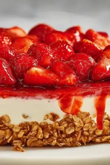 A round strawberry cheesecake with a golden oat crust, thick white cream cheese filling, and glossy strawberry topping with whole and halved fresh strawberries, photographed from a slight top angle on a marble surface