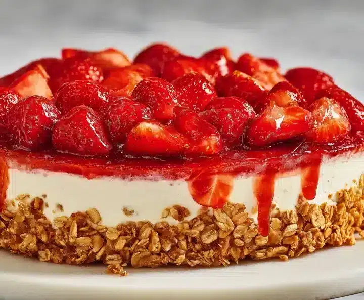 A round strawberry cheesecake with a golden oat crust, thick white cream cheese filling, and glossy strawberry topping with whole and halved fresh strawberries, photographed from a slight top angle on a marble surface
