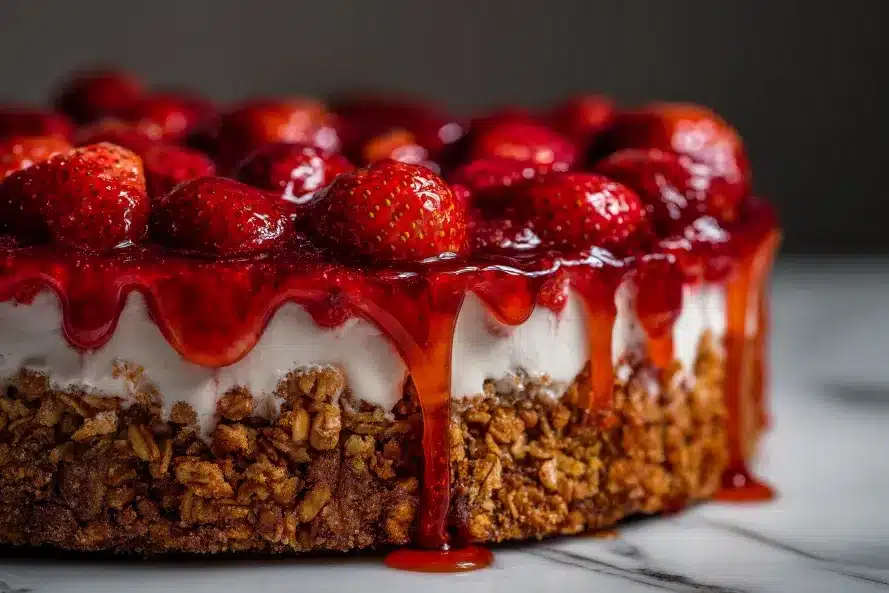 Extreme close-up of a strawberry cheesecake showing whole glazed strawberries on top with vivid red strawberry sauce dripping down the sides over a white cream layer and crunchy granola base on a marble surface