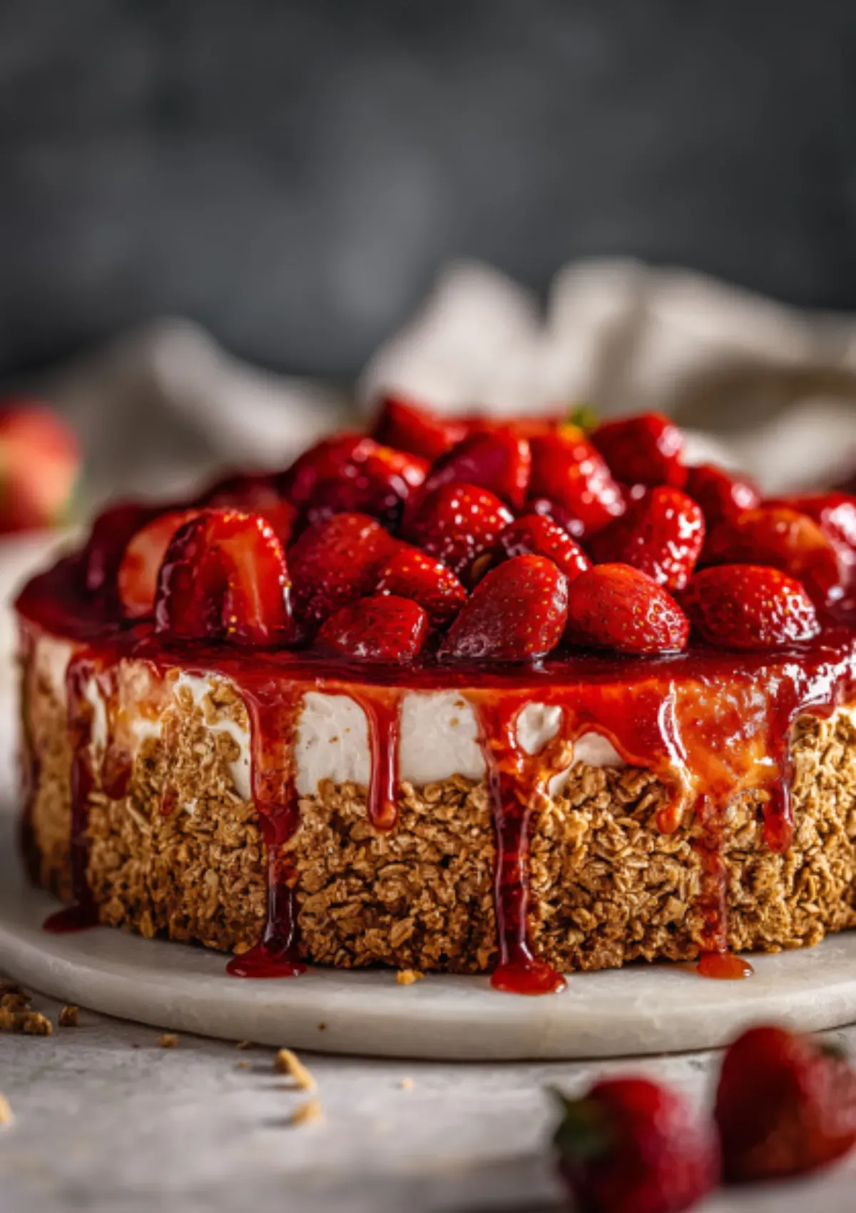 A rustic strawberry cheesecake with oat granola crust topped with fresh glazed strawberries, placed on a ceramic plate with scattered strawberries in the foreground and soft grey background